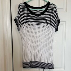 Liz Claiborne L Navy/White Open Knit Short Sleeve Tunic Sweater stripe